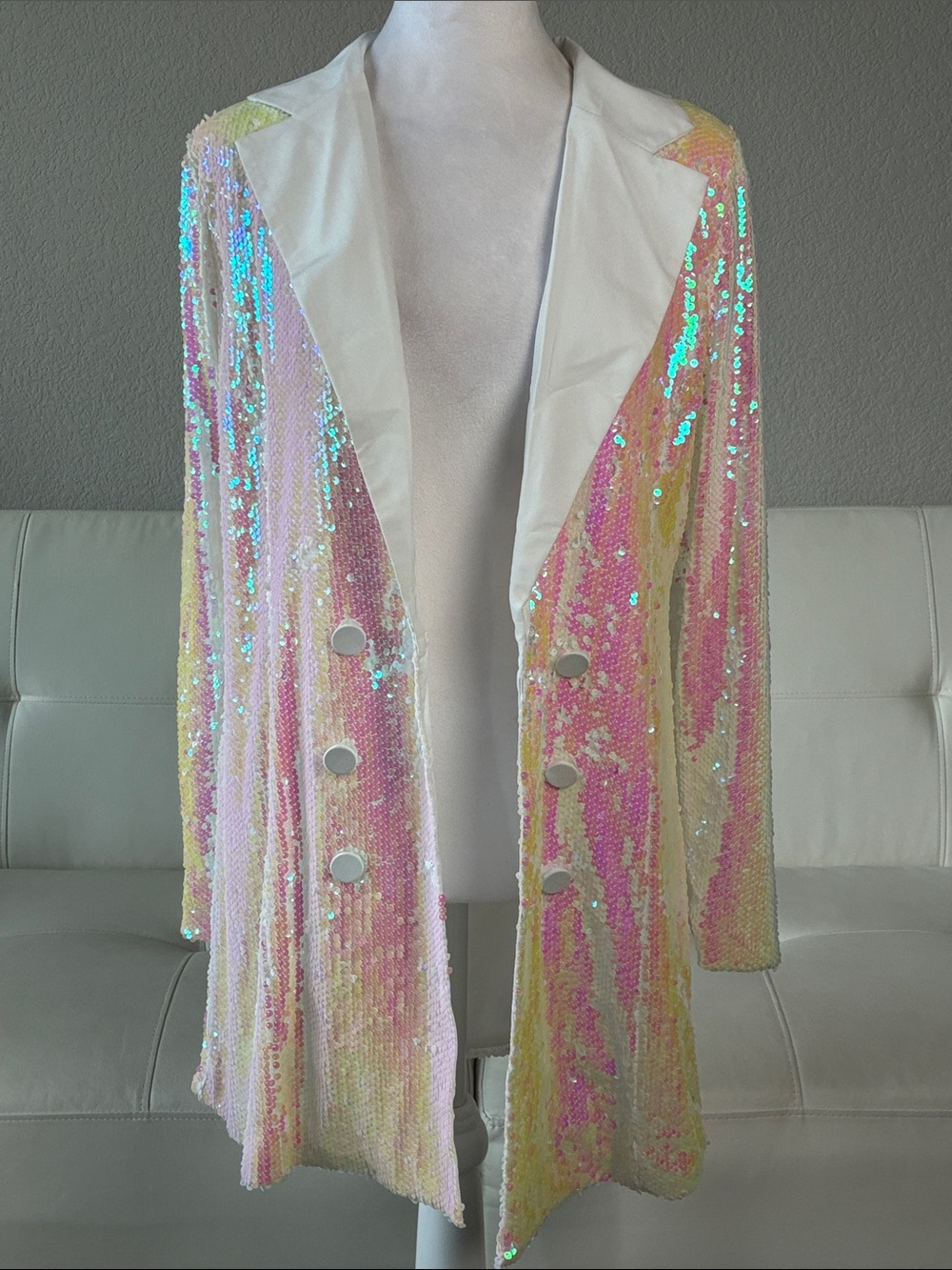 Sequin Pastel Pink & Yellow Blazer Coat with White Lapel